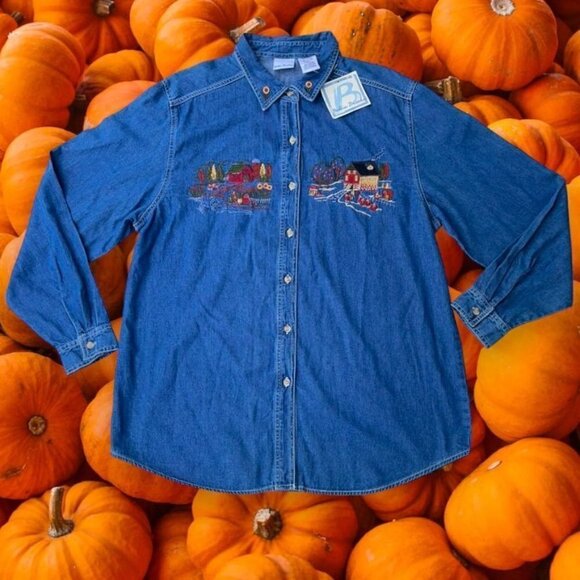 Vintage Bobbie Brooks SIZE XL Denim Cottagecore Button Up w Fall Embroidery - Picture 1 of 9